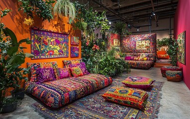 Vibrant colorful interior design display, exotic plants, patterned furniture