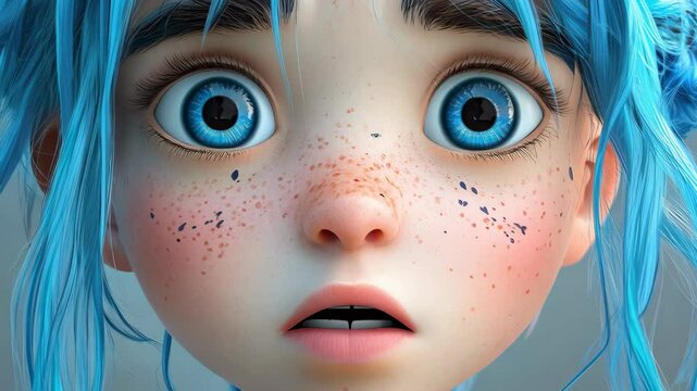 A stylized close-up of a 3D CG girl character with vibrant blue hair. A cartoon character face concept.