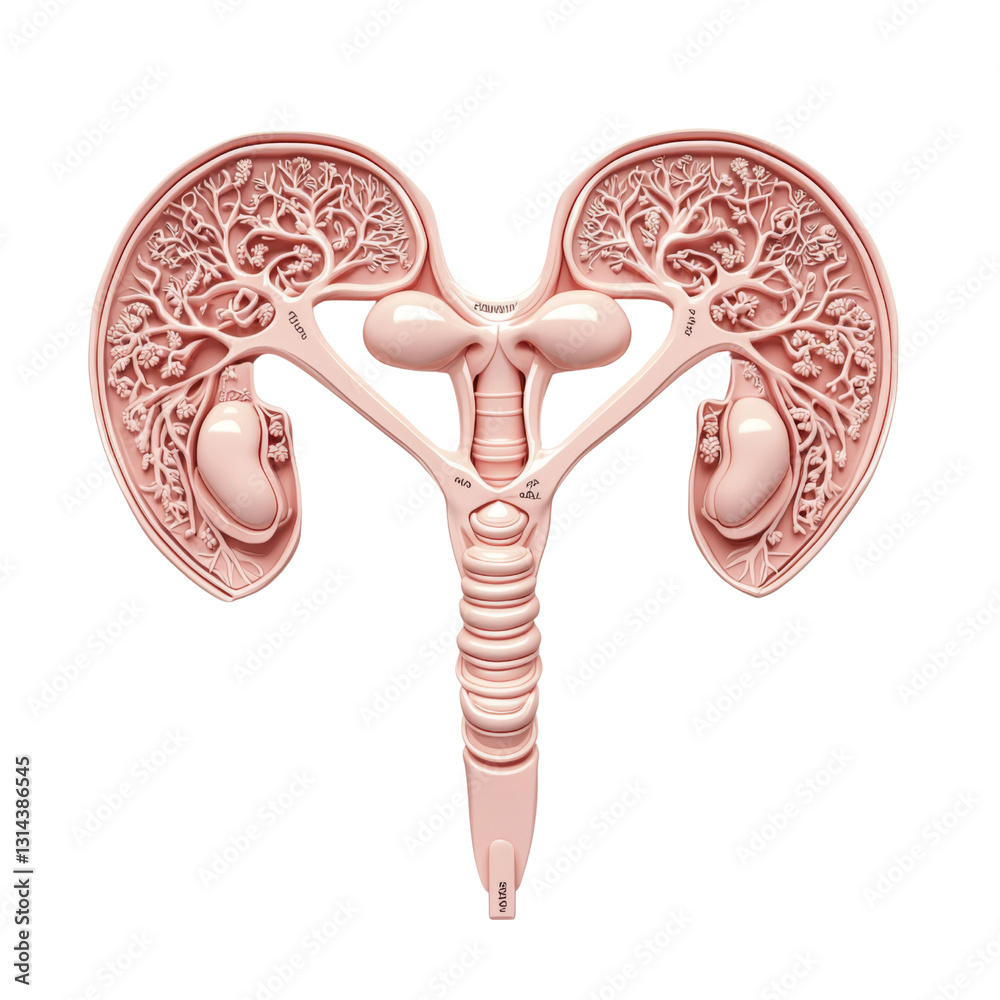 Poster anatomical illustration of human kidneys and urinary system, showcasing detailed structures and func