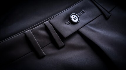 Close-up of dark gray pants, highlighting the fabric's texture and a single button.