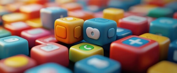 Logos of Office Software Icons Piled on Red Background with Copy Space for Business and Technology