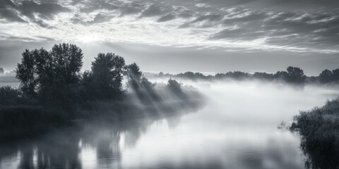 Fototapeta premium A tranquil scene of a foggy river with silhouetted trees and a moonlit sky, captured in black and white.
