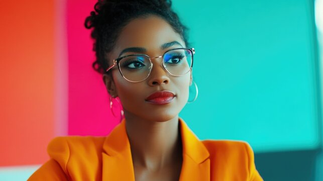 Modern portrait of a woman wearing glasses, stylish hairstyle, and a bright jacket. A chic, professional pose against a vibrant backdrop.