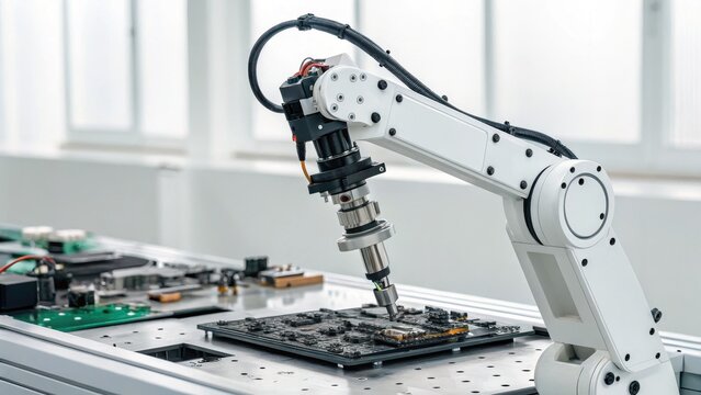A high-tech robotic arm precisely assembling a circuit board in an advanced manufacturing facility, showcasing automation and industrial robotics in electronics production.