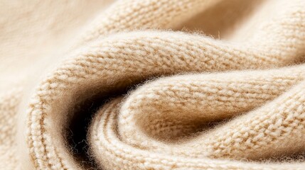 Close-up of soft, beige knitted fabric. The texture is luxurious and the color is warm and inviting.