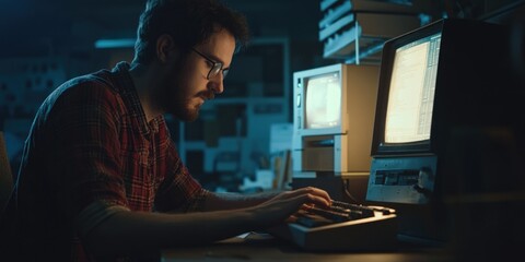 An individual is seated and focused on the screen of a computer monitor, which displays a graphical user interface with what appears to be a digital audio workstation or sound mixing software. The