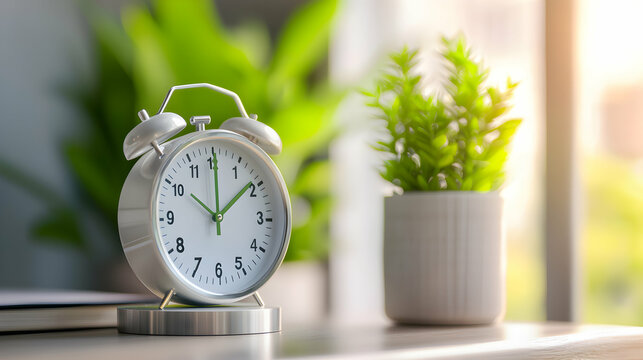A silver alarm clock displaying time near a green plant