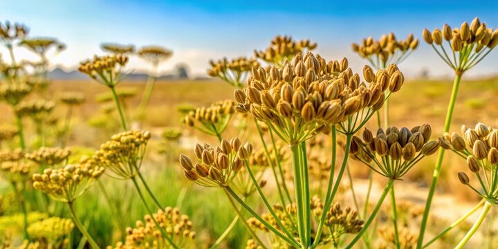 Mature cumin plants growing in an Egyptian desert field with unripened seeds