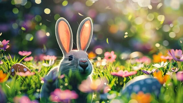 Cute bunny with Easter eggs. Generative AI video
