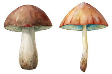 Watercolor mushrooms illustration, detailed organic shapes, nature-inspired art, botanical design elements, perfect for educational use.