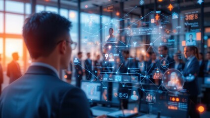 Young Business Professional Analyzing Data Visualizations in Modern Corporate Workspace