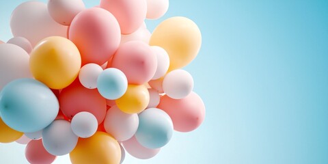 Event Planning setting with flowers,candles,balloons Concept. Colorful Balloons Cluster on Light Blue Background