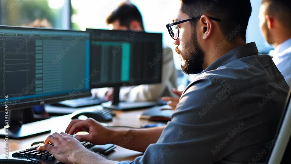 Wall mural young male programmer typing code on a laptop in a modern office, focused on the screen, working on 