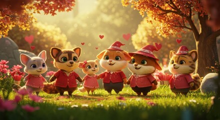 Naklejka premium Adorable animated animals celebrating friendship in a vibrant forest with blooming flowers and warm light