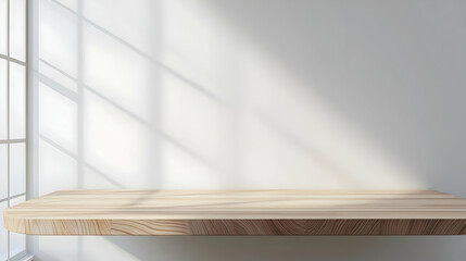 Empty Light Brown Wooden Shelf Against White Wall With Window Sunlight And Shadow Minimalist Interior Design 3D Render