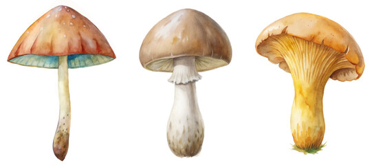 Watercolor mushrooms, nature illustration, botanical art, organic shapes, earthy tones, detailed texture, artistic design.