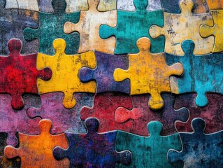 The image showcases a vibrant and colorful mosaic created from interlocking puzzle pieces in various hues, including red, blue, green, yellow, orange, pink, purple, teal, and black. The puzzle pieces