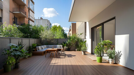 Fototapeta premium Modern Patio Garden With Wooden Deck Seating Area Lush Potted Plants And City View In Natural Sunlight