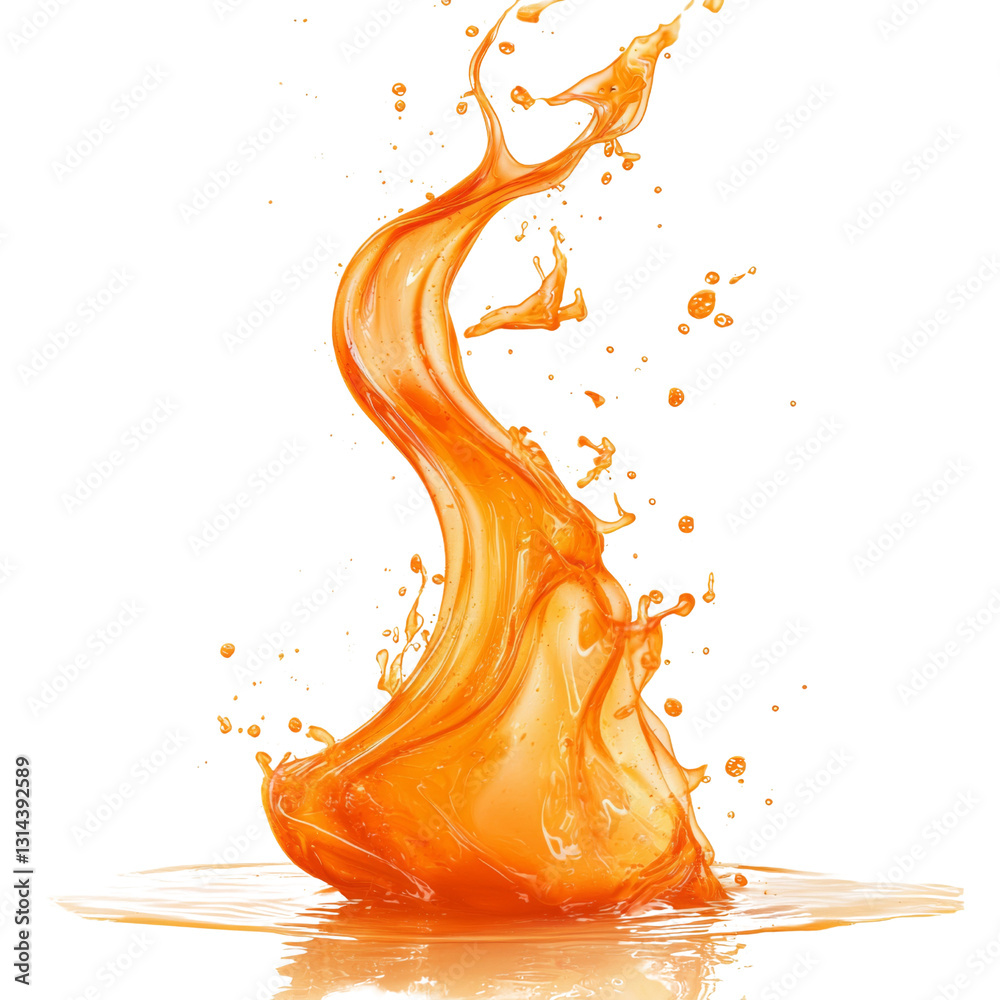 Poster vibrant splash of orange liquid creates dynamic shapes and droplets, evoking energy and movement. vi