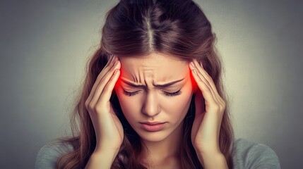 Woman suffering from headache desperate, stressed because pain and migraine. Woman touching her temples feeling stress, on gray background. Girl suffering from headache. Cold symptoms.