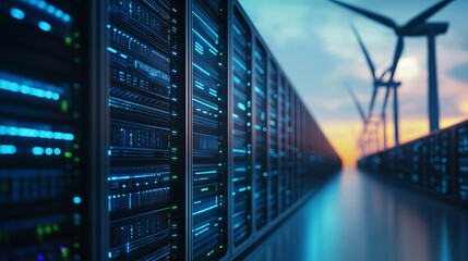 Futuristic data center surrounded by wind turbines, showcasing renewable energy integration in technology infrastructure.