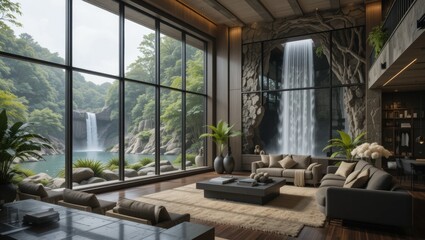 Modern Living Room Overlooking Dual Waterfalls Surrounded by Lush Greenery in Urban Setting