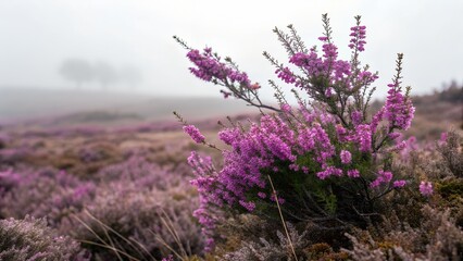 Obraz premium Heather Bloom in Mist: Capturing the delicate beauty of purple heather in full bloom, set against a soft, misty landscape, creating a serene and enchanting image.