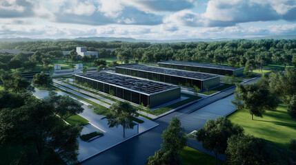 Expansive data center with a network of cooling towers and energy-efficient power systems in a sustainable tech park.