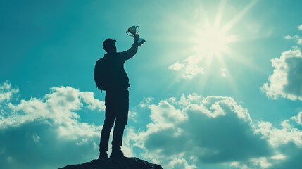 A captivating image of a silhouetted man standing atop a mountain during the sunrise, holding a music note. The scene conveys a sense of achievement, inspiration and the harmonious coexistence of