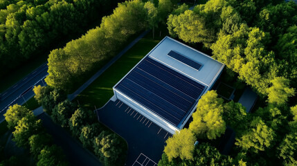 Aerial drone view of an advanced hyperscale data center, seamlessly blending into an eco-friendly environment.