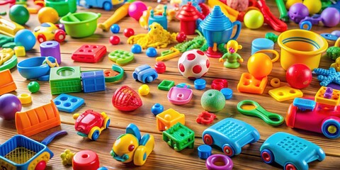A colorful assortment of plastic toys on a wooden table