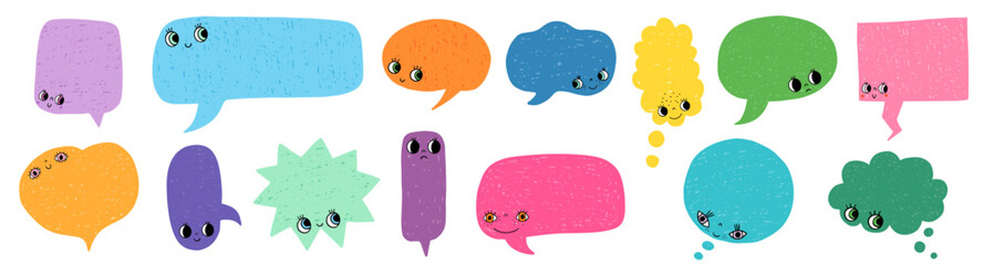 Colorful doodle speech bubbles with cute faces with expressions, empty text box balloon shapes set for kids graphic design