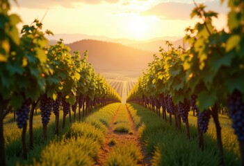 Naklejka premium radiant vineyard vista showcasing sunlit grape vines amidst lush greenery rolling hills, grapes, landscape, sunlight, harvest, agriculture, nature