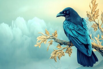 Fototapeta premium A raven perched on a branch, with mysterious fog swirling in the background