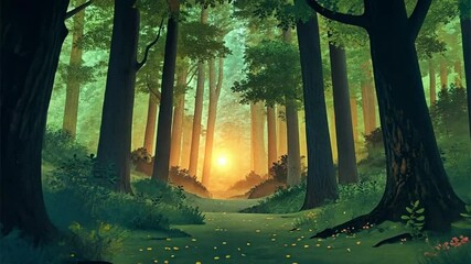 Forest path with a golden sunset shining through the trees, perfect for nature websites, inspirational quotes, or mindfulness backgrounds.