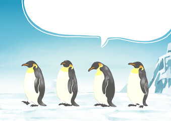 南極　一列に並ぶペンギン　吹き出し
