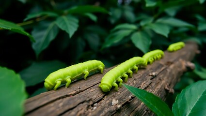 Bright green caterpillars crawl in a line across a dark, textured log. Lush green foliage forms a blurred background.  The scene is sharply focused on the leading caterpillars.
