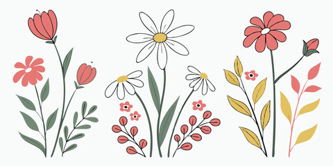 Beautiful Flowers Icon Set – Cute Modern Floral Collection, Transparent Background Vector