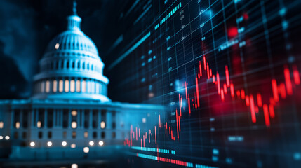 A double-exposure effect of the U.S. Capitol and a fluctuating stock market graph, merging seamlessly into each other, symbolizing economic governance and financial policy shifts.