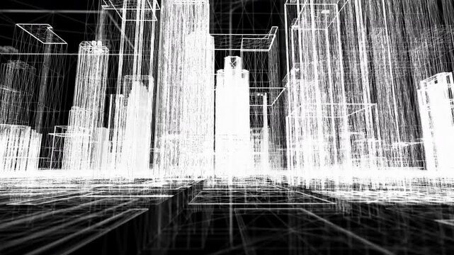 ワイヤーフレームの高層ビルが並ぶ都市を進む背景,ビジネス,近未来,ホログラム,科学,
Background of wire frame skyscrapers moving through city,business,near future,hologram,science