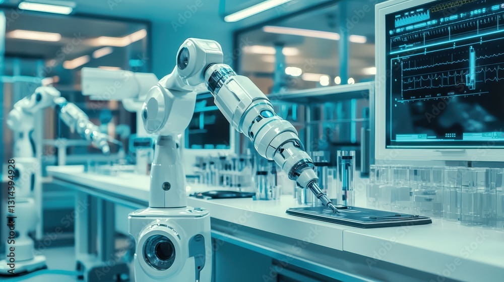 Poster advanced robotics in laboratory setting with high-tech equipment
