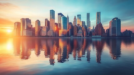 Obraz premium City Skyline Sunset Reflection