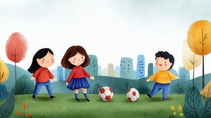 Children Playing Soccer in a Watercolor City Park Illustration