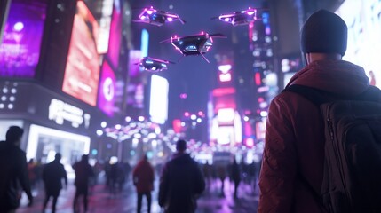 City Night Drones Man Crowd Futuristic