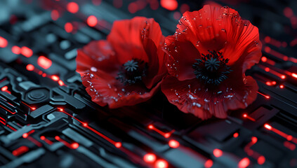 Red Poppies on Futuristic Circuit Board - Nature Meets Technology