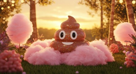 Fototapeta premium Cheerful animated poop emoji surrounded by pink cotton candy in a vibrant sunset landscape