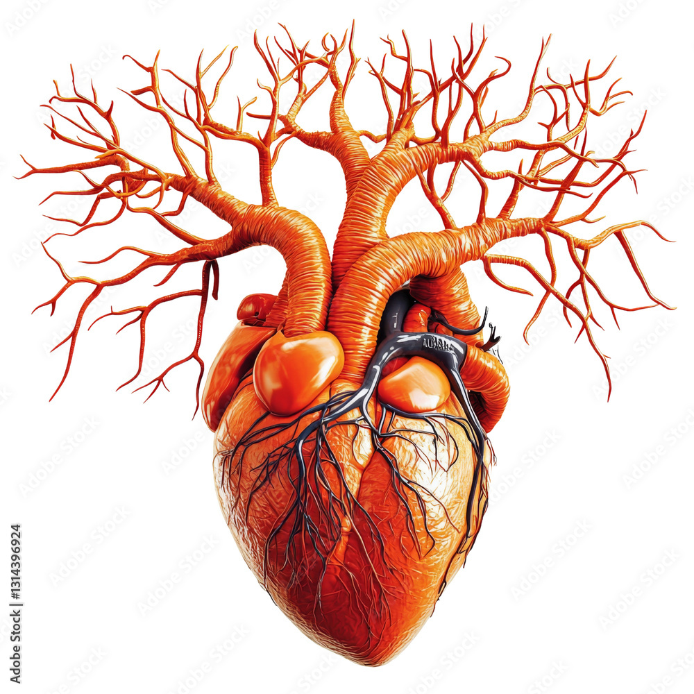Poster anatomical illustration of human heart with detailed vascular structure, showcasing arteries and vei