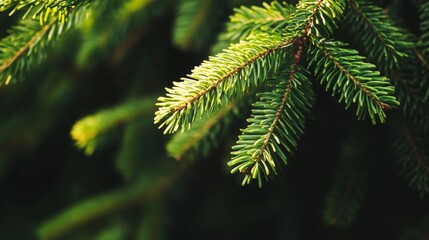 Fototapeta premium Close-up of fir tree branches bathed in soft sunlight, highlighting vibrant green needles with a dreamy, blurred background. Light and shadow add warmth and depth to the natural scene.