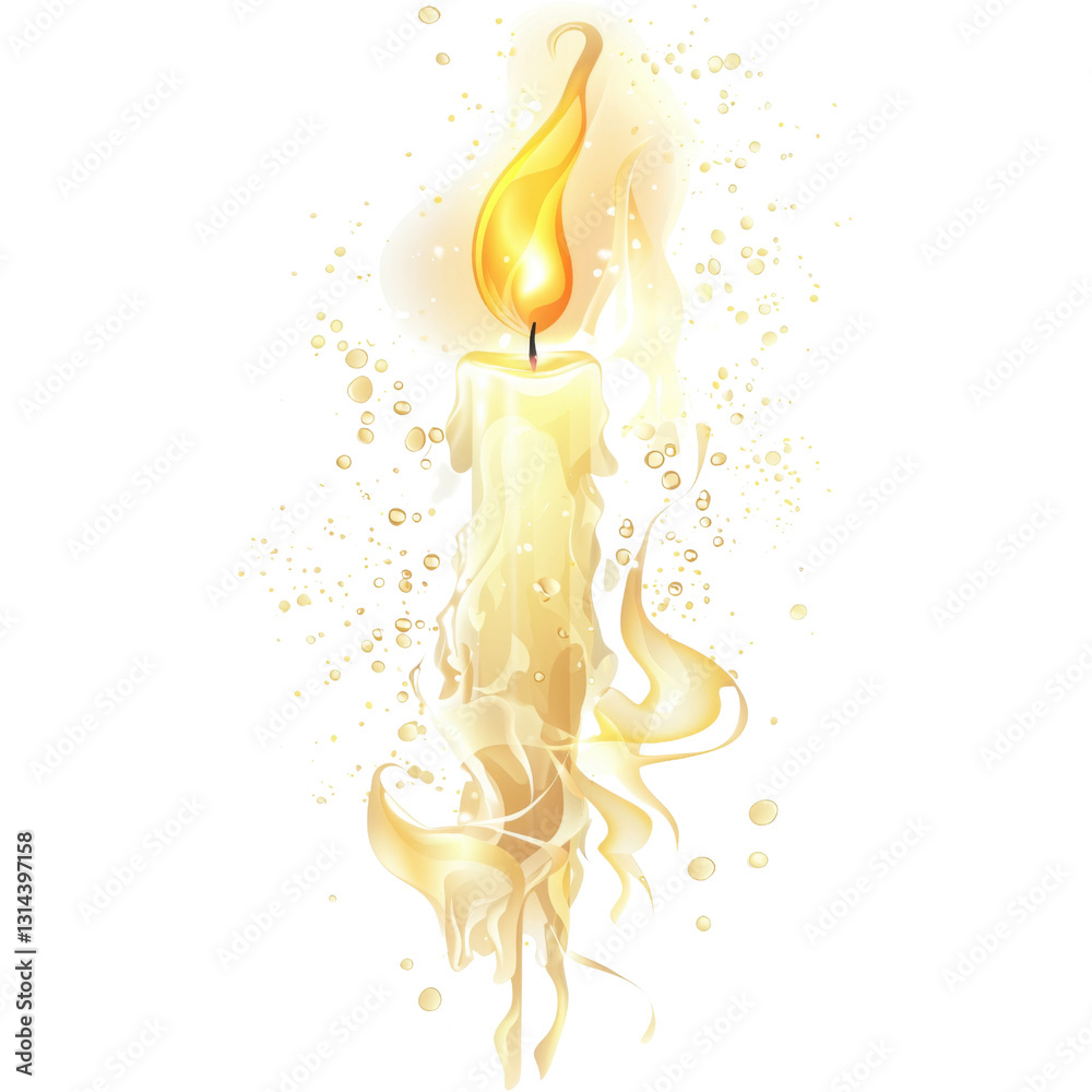 Poster glowing candle with vibrant flame, surrounded by soft, swirling wax and sparkling light, creating wa