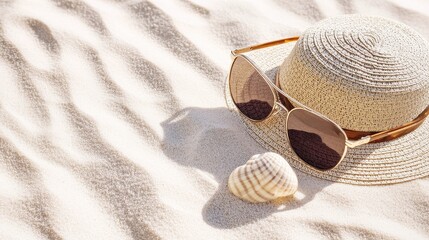 Woven Hat And Sunglasses With Shell On Sandy Beach.